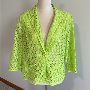 Chicos open woven lace like jacket blazer lime green size front pockets